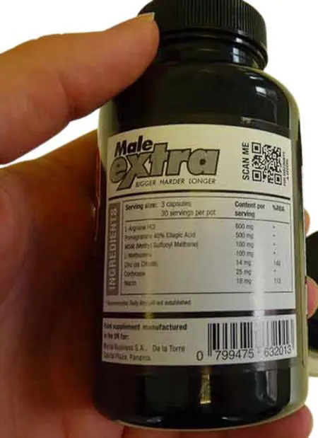 male extra supplement label side